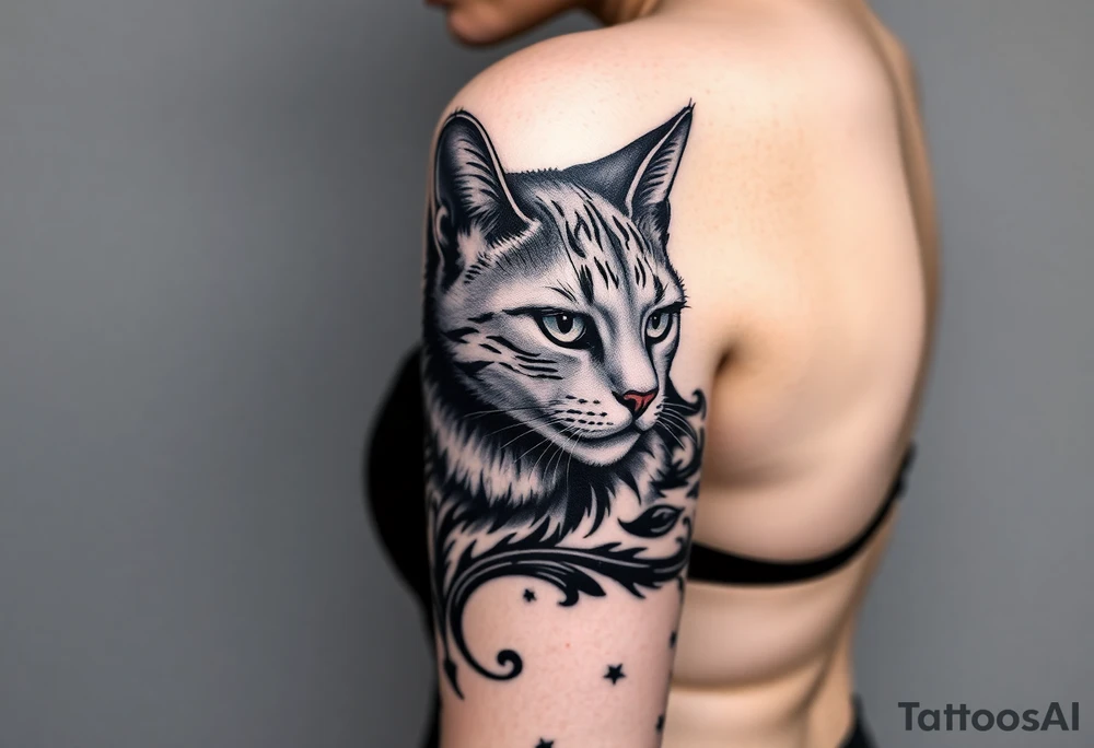 women face with cat gothic tattoo idea