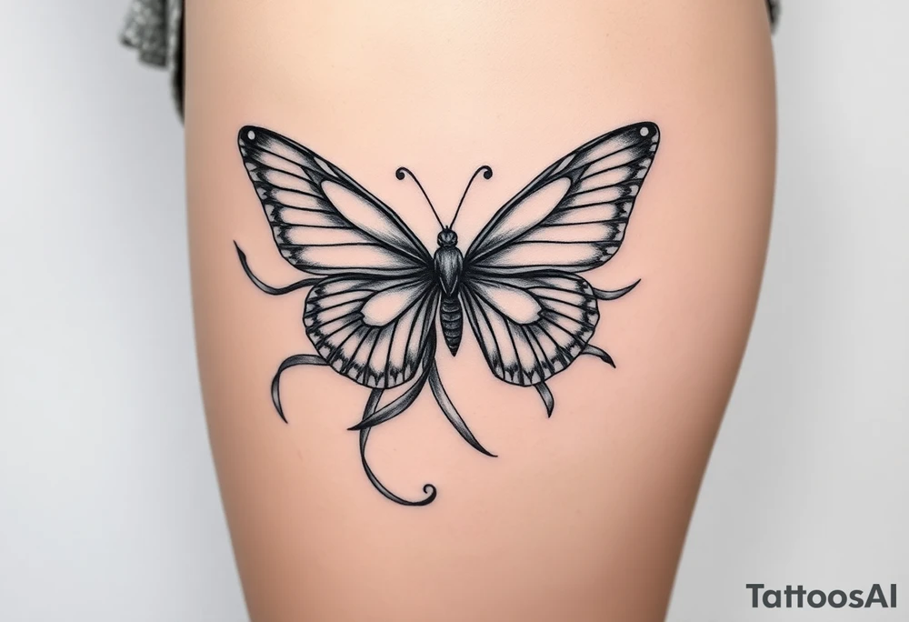 ethereal butterfly with flowing silk ribbons in moonlight tattoo idea