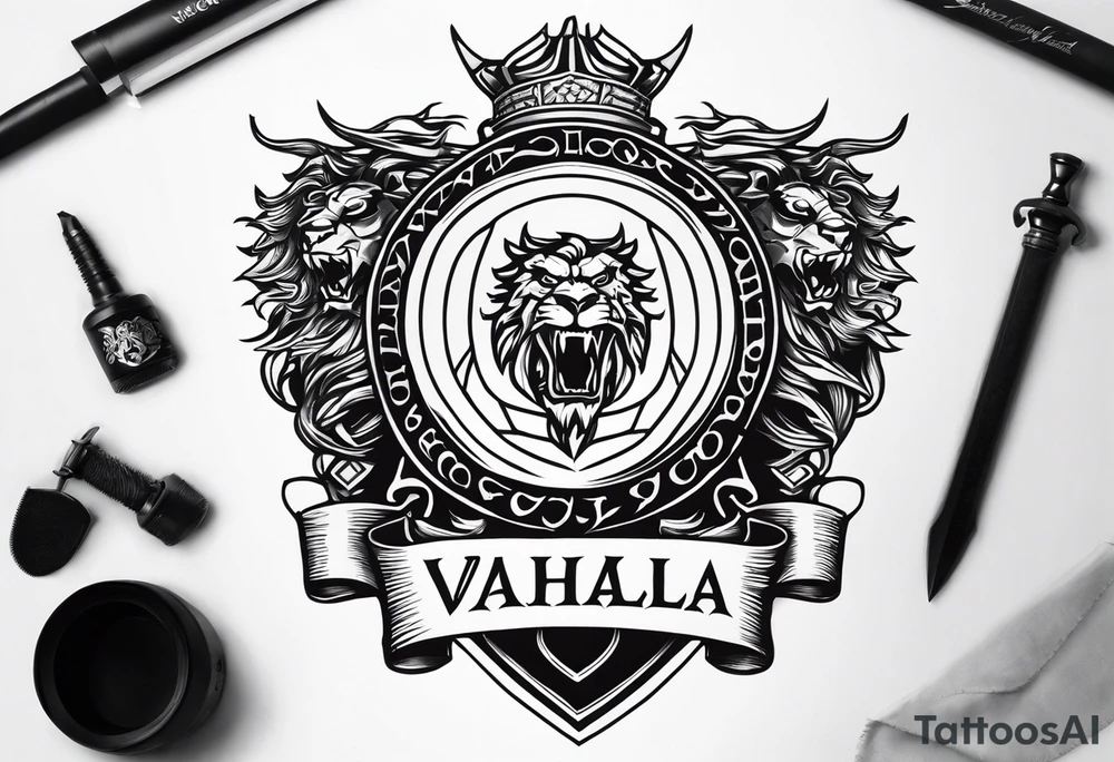 Valhalla shield sword lion dragon tattoo idea