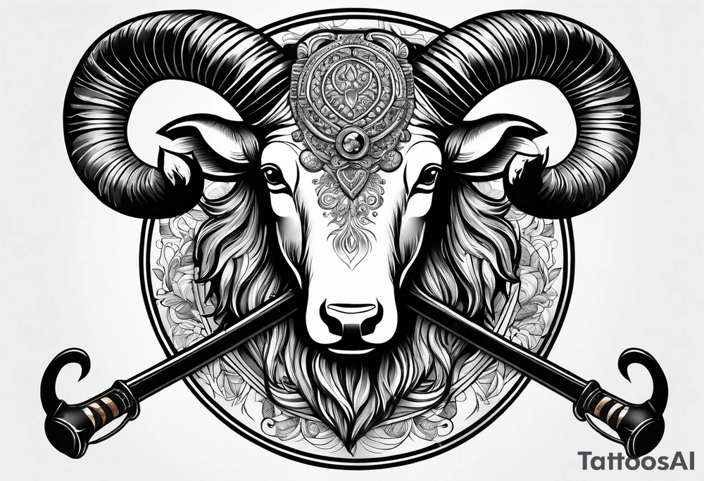 tattoo design containing the following objects: ram head, floorball ball, hockey stick, fishing rod tattoo idea