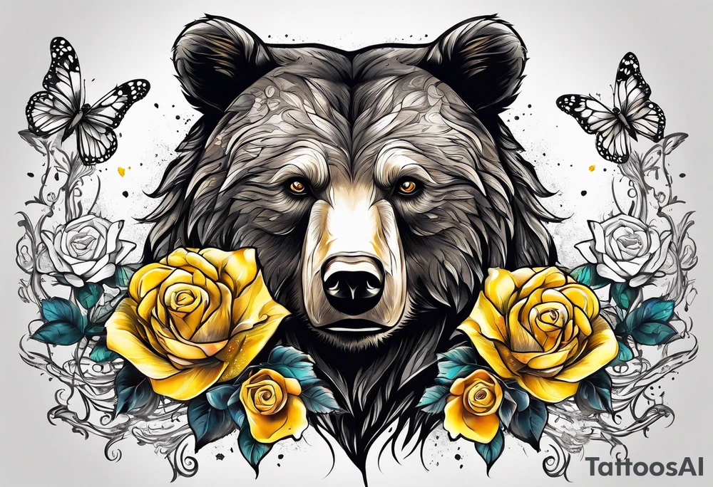 A bear with three yellow roses, three butterflies, and the tree of life symbol tattoo idea