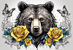 A bear with three yellow roses, three butterflies, and the tree of life symbol tattoo idea