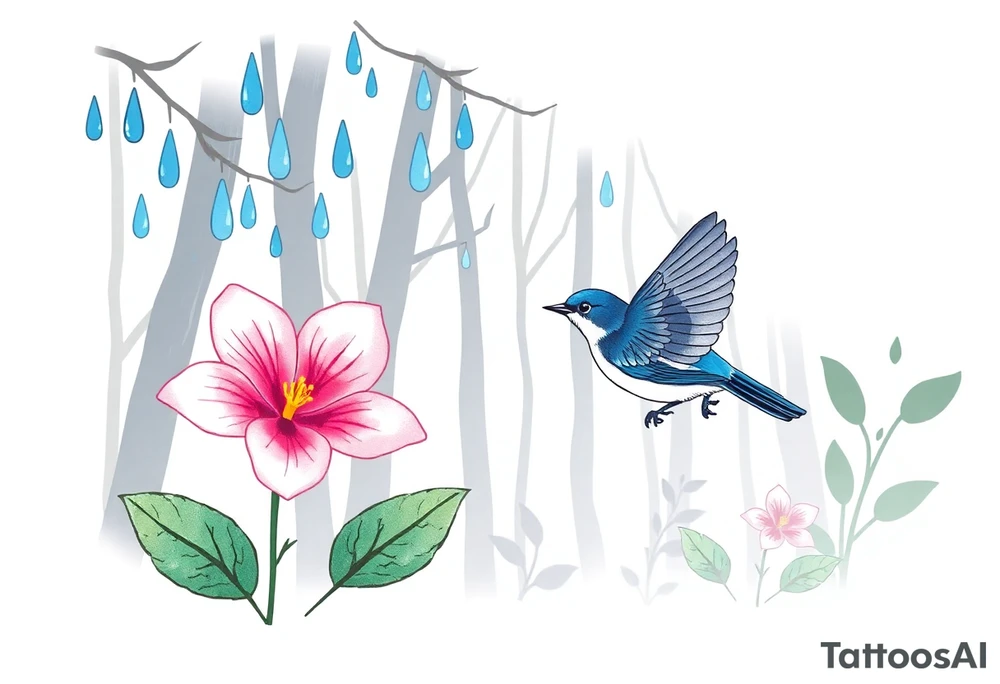 forest background with blue rain drops, pink camelia flower and blue wren bird tattoo idea