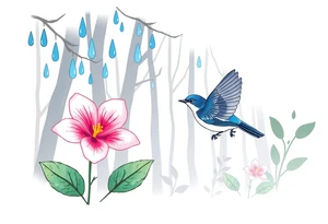 forest background with blue rain drops, pink camelia flower and blue wren bird tattoo idea