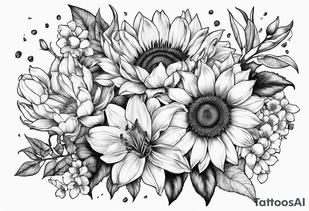 sunflower, lily, peony, cherry blossom and tulip tattoo idea