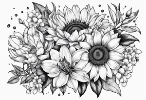 sunflower, lily, peony, cherry blossom and tulip tattoo idea