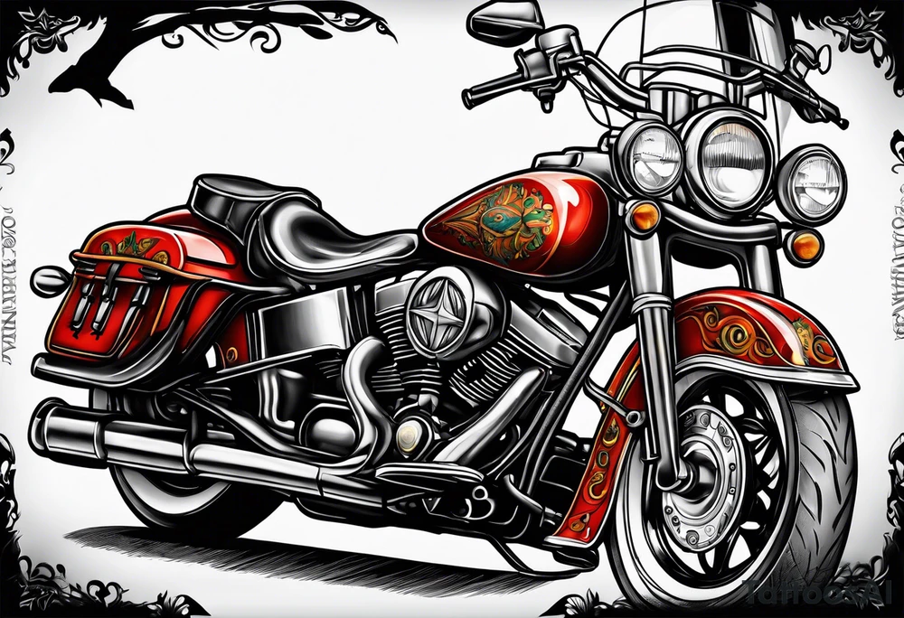 Traditional style incorporating world travel, Texas, Colorado and motorcycles tattoo idea