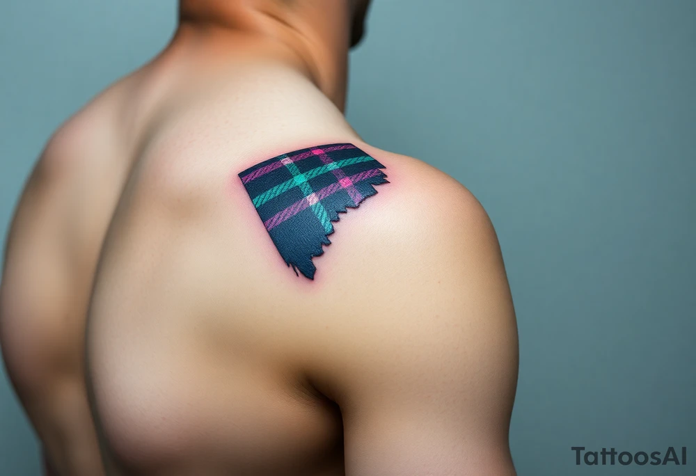 Side of arm Dark Purple with green pink blue and white highlights tartan fabric with skin peeling away at edges tattoo idea