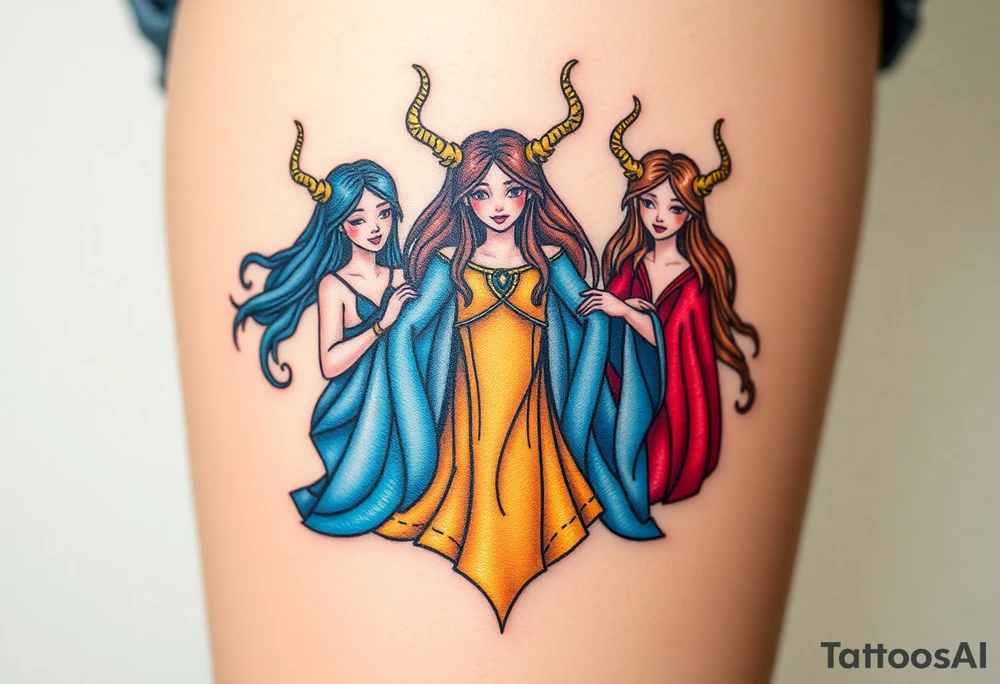 A detailed depiction of the Norns, three mysterious women weaving the threads of fate, their robes glowing in soft blue, gold, and crimson light tattoo idea