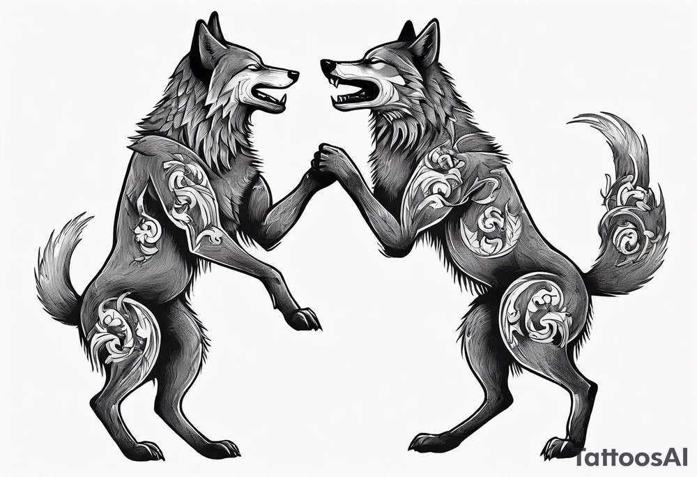 two wolves dancing on their hind legs. they should be facing each other and obviously dancing. they should be very basic with not many details within their shapes. tattoo idea
