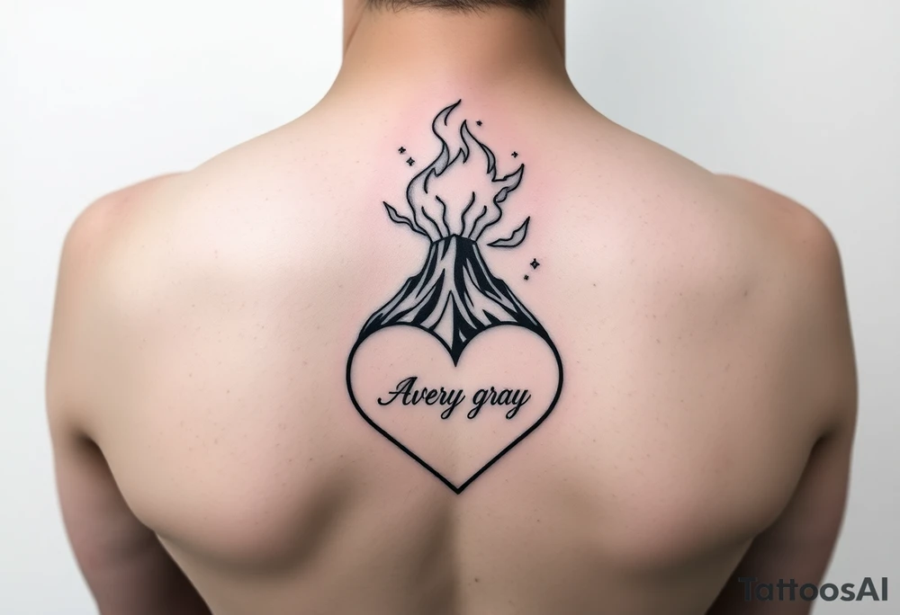 Female Geometric Volcano tattoo erupting in a heart with text Avery Gray tattoo idea
