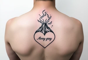 Female Geometric Volcano tattoo erupting in a heart with text Avery Gray tattoo idea