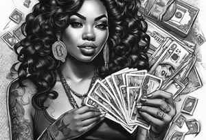 black woman bitting money dice cards whiskey tattoo idea