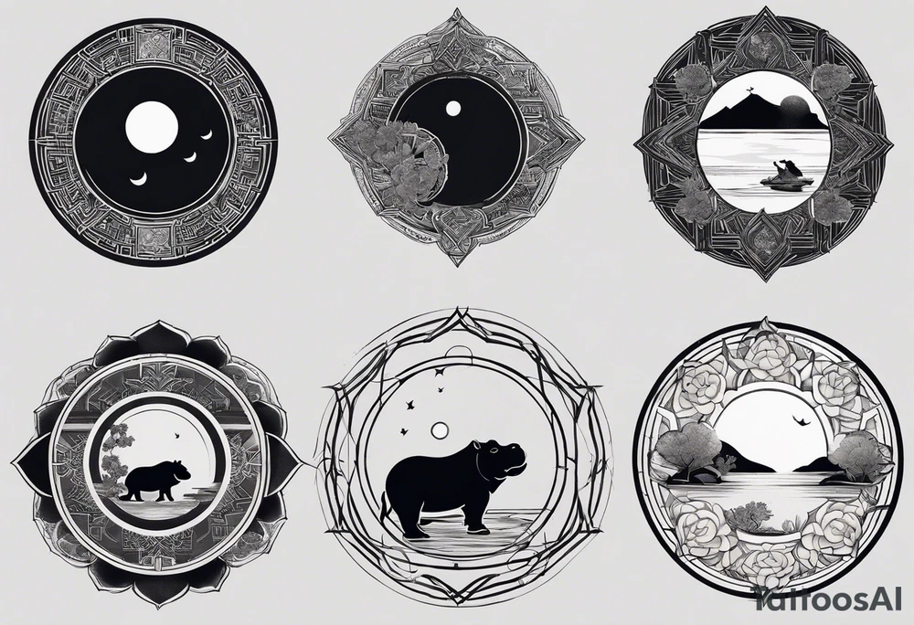 Very asymmetrical, +geometric pattern, with realistic full moon, with serious looking hippo, +zen feel, + Buddhism touch, +tribal, +geometric, +chinese inkart 
with wintersweet flower bud, +portrait orientation, +inkart touch, tattoo idea
