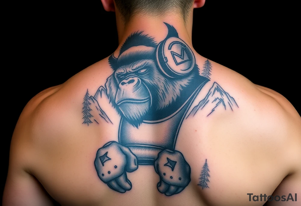Silverback gorilla wearing amateur wrestling shoes, earmuffs, and an singlet for a match as a person would. The surrounding area is mountainous jungle tattoo idea