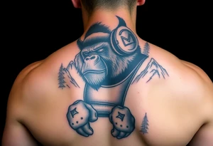 Silverback gorilla wearing amateur wrestling shoes, earmuffs, and an singlet for a match as a person would. The surrounding area is mountainous jungle tattoo idea