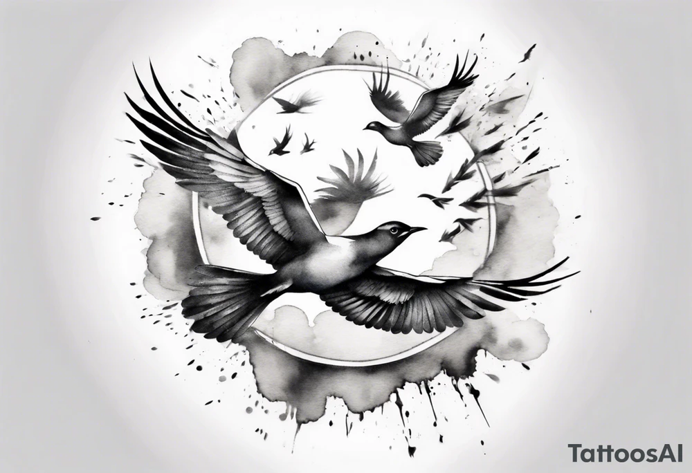 shoulder tattoo with light rays with birds flying free among the clouds, round shape, 3d effect tattoo idea shoulder tattoo with light rays with birds flying free among the clouds, round shape, 3d effect tattoo idea