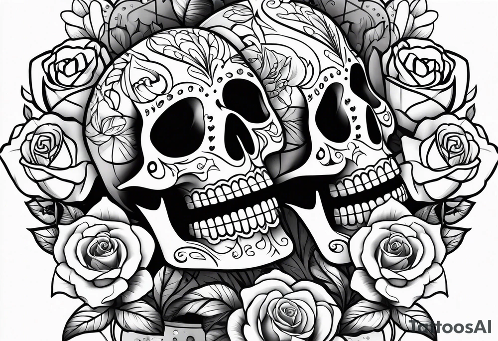 Sugar skulls with lilies and roses on leg tattoo idea