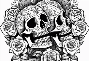 Sugar skulls with lilies and roses on leg tattoo idea