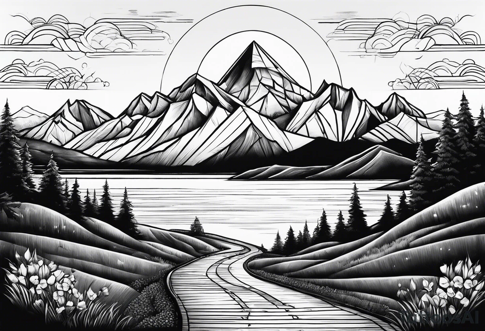 mountains, road, lake, yurt, sun tattoo idea