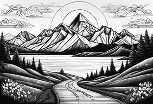 mountains, road, lake, yurt, sun tattoo idea
