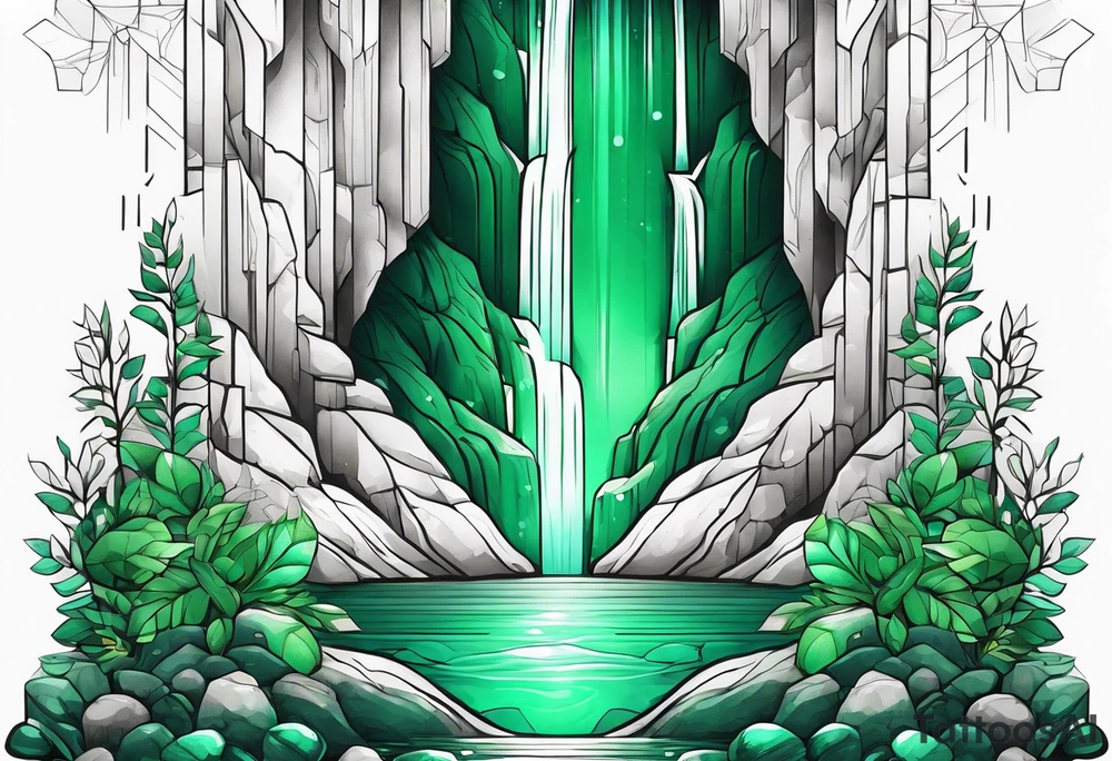 Emerald stones waterfall background tattoo idea