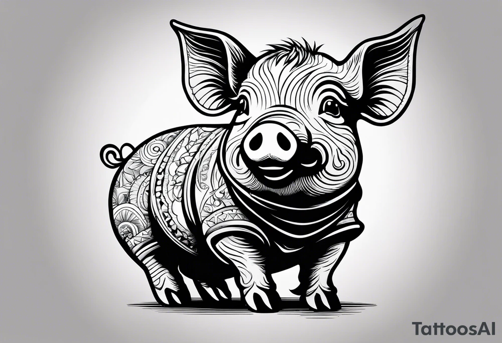 cute pig or piglet that contains text: "friends. not food" 

only very thin lines. no shading. black and white only tattoo idea