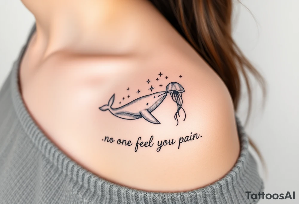 52hz Whale and jellyfish among the stars with the words No one can feel your pain 5x5 size tattoo idea