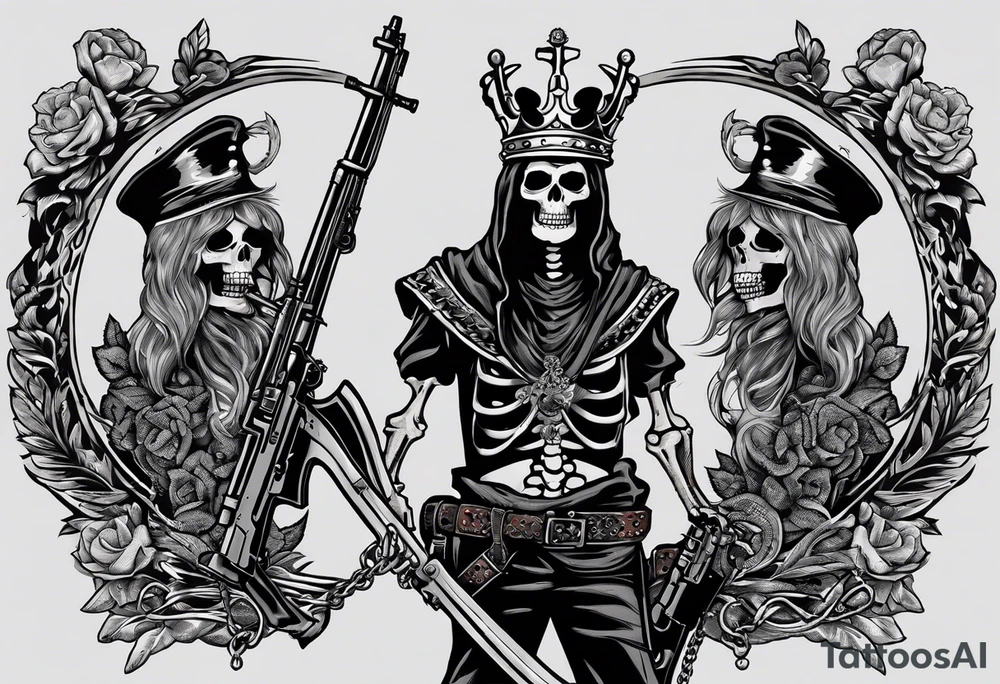 image of a skeleton standing frontally with a crown on his head, holding an AK-47 on his shoulder with his right hand. The chain on the left should be taut, there are three angry barking Dobermans in it, near the waist tattoo idea