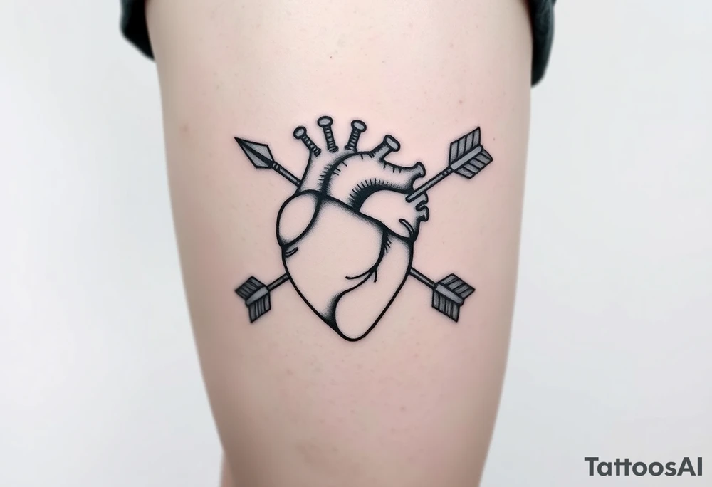 anatomical heart pierced by ornate arrow with flowing ribbons tattoo idea
