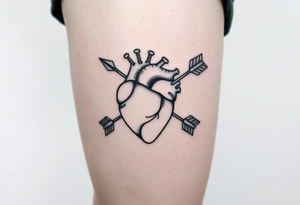 anatomical heart pierced by ornate arrow with flowing ribbons tattoo idea