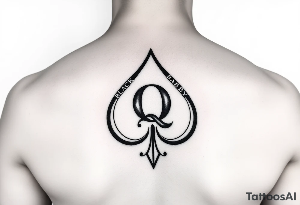 A spade womb tattoo with a Q in the center, with three points around the outside. The first reading, "BLACK". The second reading, "BABY". The third reading, "ONLY". tattoo idea