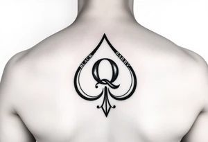 A spade womb tattoo with a Q in the center, with three points around the outside. The first reading, "BLACK". The second reading, "BABY". The third reading, "ONLY". tattoo idea