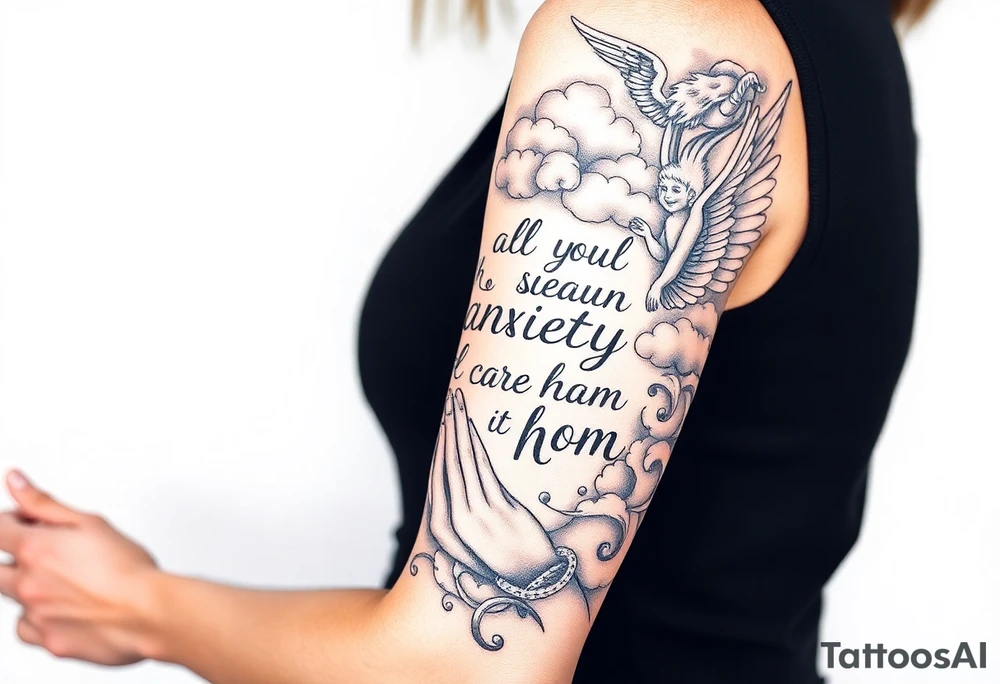 cast all your anxiety on him because he cares for you"  surrounded with clouds and angels and praying hands tattoo idea