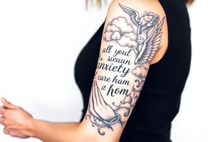 cast all your anxiety on him because he cares for you"  surrounded with clouds and angels and praying hands tattoo idea