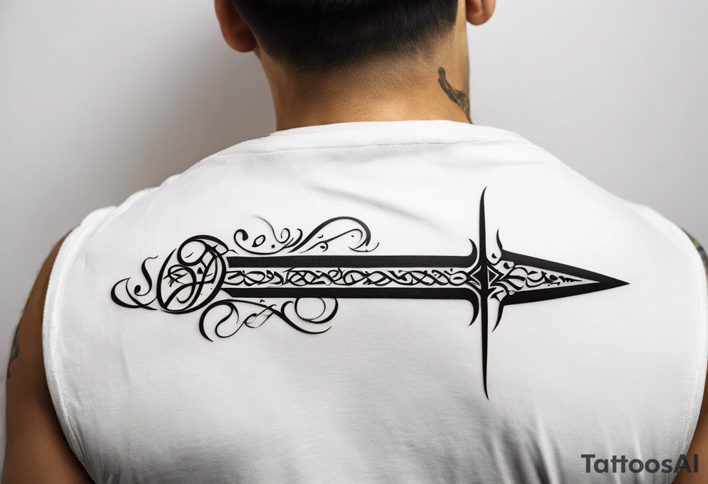 words in arabic calligraph in shape of sword tattoo idea