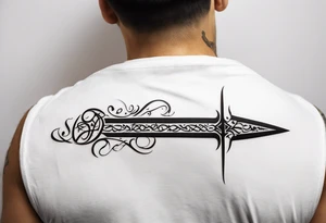 words in arabic calligraph in shape of sword tattoo idea