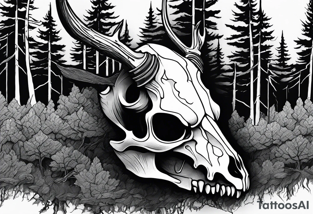 A side view of a frightening horror DECAYING deer skull JUST BONE surrounded by a forest fire in background tattoo idea