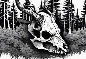 A side view of a frightening horror DECAYING deer skull JUST BONE surrounded by a forest fire in background tattoo idea