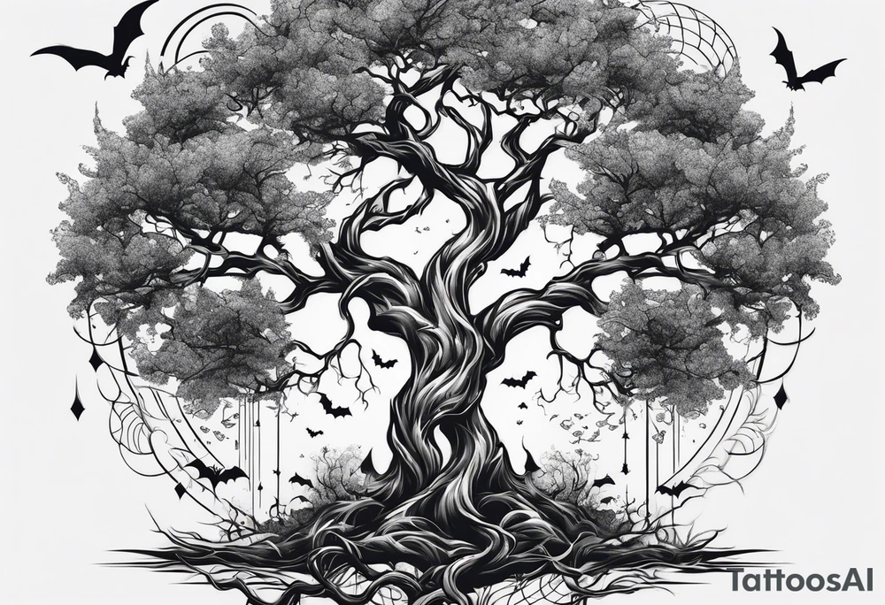 poison tree with wind and bats tattoo idea