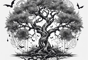 poison tree with wind and bats tattoo idea