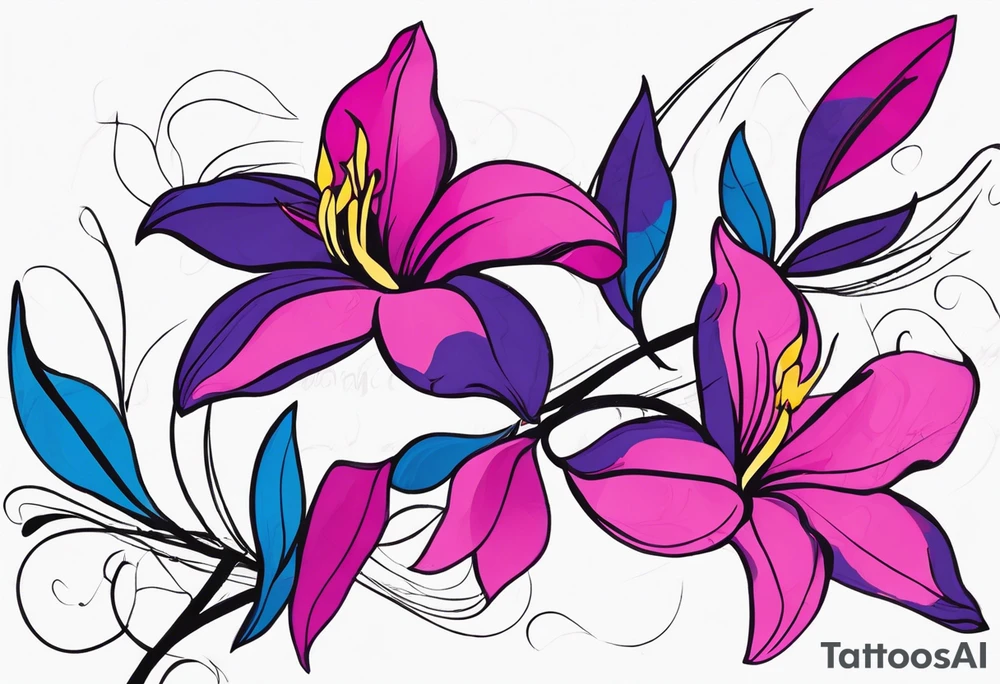 brushstroke abstract pink, purple, and blue mandevilla flowers on a vine, with color leaking out into the background. SOme of the flowers should be full color, and some just linework. It should have a handdrawn, sketch feel. tattoo idea