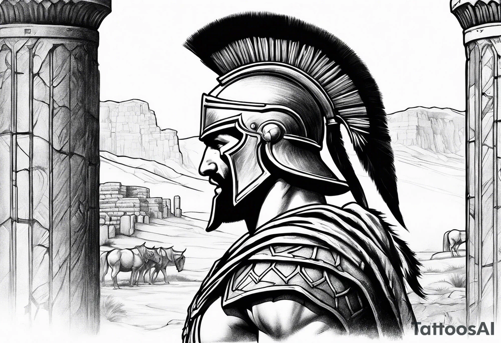 Side profile of spartan soilder with ancient pillars in background tattoo idea