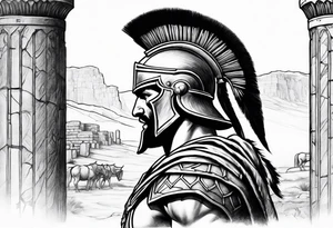 Side profile of spartan soilder with ancient pillars in background tattoo idea