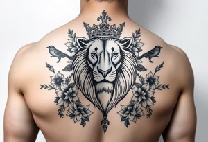 powerful majestic lion with a crown, surrounded by floral ornaments and birds tattoo idea