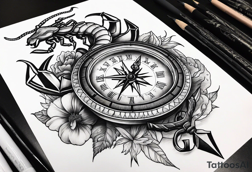 Scorpion, clock, compass, anchor tattoo idea