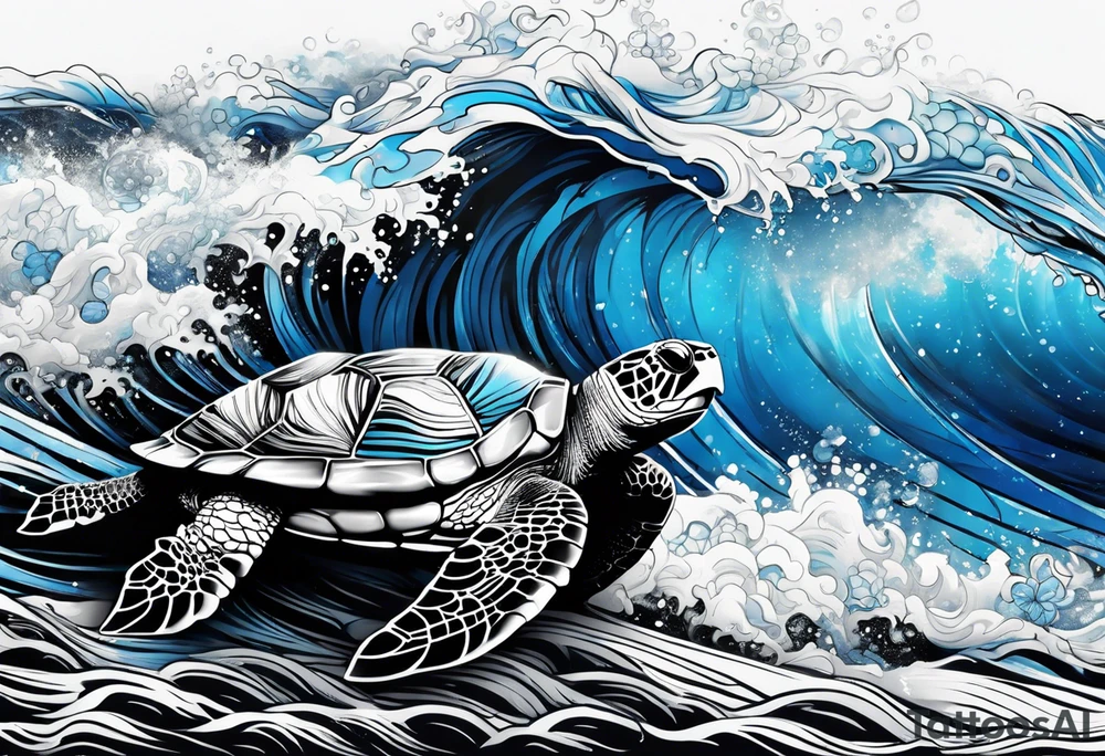 Full sleeve waves black with blue accents
3 turtles tattoo idea