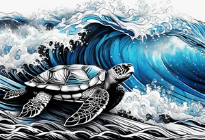 Full sleeve waves black with blue accents
3 turtles tattoo idea