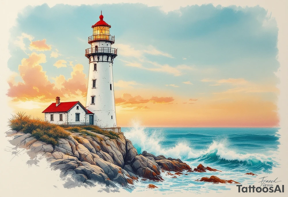 A tall, weathered white lighthouse with a bright red roof and railing, standing boldly on a rocky cliff surrounded by crashing teal-blue waves and glowing under a golden-orange sunset sky. tattoo idea