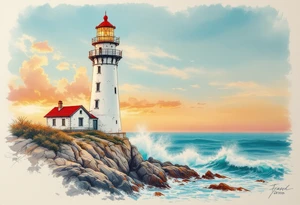 A tall, weathered white lighthouse with a bright red roof and railing, standing boldly on a rocky cliff surrounded by crashing teal-blue waves and glowing under a golden-orange sunset sky. tattoo idea